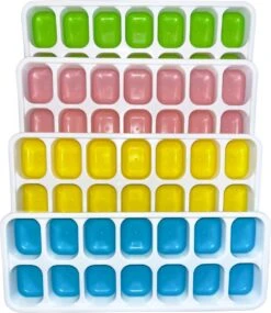 Siliconen IJsblokjesvorm Met Deksel (4 Stuks) - 56 Ijsblokjes - Herbruikbaar - Duurzaam - Vierkant - Blauw Groen Geel Roze