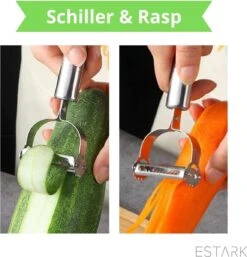 ESTARK® Dunschiller - Julienne & Groenteschiller - Groentesnijder - Uiensnijder - Spiraalsnijder - Juliennerasp - Juliennesnijder - Sliertensnijder - Multifunctionele Groenten Schiller Aardappel Schiller - Dunschiller RVS -Merkloos Winkel 1153x1200 3
