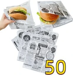 Rainbecom - 50 Stuks - 19 X 17 Cm - Hamburger Zakje Papier - Vetvrij Papier - Papieren Zak Voor Sandwiches - Krant