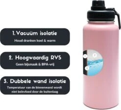 Thermosfles - Pastel Pink - 1 Liter - Extra Dop Met Rietje & Drinktuit - Thermosflessen - Isoleerfles - BPA Vrij - Lekvrij - Thermosfles 1 Liter - Isoleerfles 1 Liter - Thermoskan - Isoleerbeker - Thermosbeker -Merkloos Winkel 1200x1090