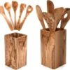 OLIVIEU ~ 5-delig Olijfhouten Duurzame Keukengerei Set Met Keukengerei Houder ~ Houten Kookgerei ~ Minimalistisch & Handgesneden ~ Keukengerei Pot ~ Kookgerei Set Met Kookgerei Houder