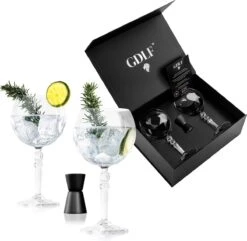 GDLF® Gin Tonic Glazen Set In Een Luxe Geschenkdoos - Incl. Zwarte RVS Maatbeker 30/15ML - Hoogwaardig Loodvrij Kristal - Made In Europe - Cocktail Glazen - 600ML - Cocktail Set - Gin Tonic Geschenkset - Cadeau Voor Man/Vrouw
