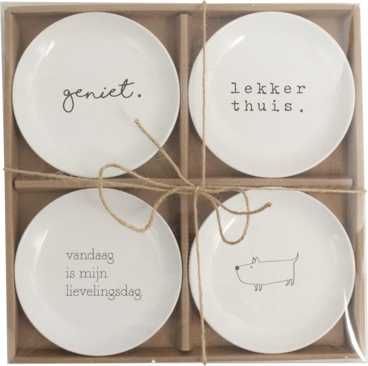 Bord Set Van 4 Stuks ø15cm . Met Tekst Geniet / Lekker/ Vandaag Is Mijn Lievelingsdag /hondje Gusta