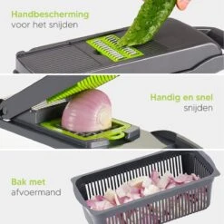 Mandoline + Messenslijper T.w.v. €17,95 - Multifunctionele Groentesnijder – (Zelfreinigende) Mandoline Nicer Dicer – Uiensnijder – Groentensnijder – Frietsnijder – Keukensnijder – Groentehakker – Snijmachine – Multifunctioneel 15-delig – RVS -Merkloos Winkel 1200x1199 9