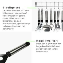 Cheqo® Ophangbare Keukengerei - RVS Keukengerei Met Houder - Keukenset Muurhouder - Ophangrek Met Haken - Met Blikopener - Kaasschaaf - Garde - Flessenopener - Dunschiller - Schilmes - Pizzaroller - Knoflookpers - 9 Delig -Merkloos Winkel 1200x1200 2249
