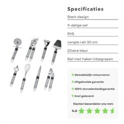 Cheqo® Ophangbare Keukengerei - RVS Keukengerei Met Houder - Keukenset Muurhouder - Ophangrek Met Haken - Met Blikopener - Kaasschaaf - Garde - Flessenopener - Dunschiller - Schilmes - Pizzaroller - Knoflookpers - 9 Delig -Merkloos Winkel 1200x1200 2250