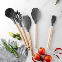 Krumble Keukengerei - Spatels Set - Bakspatel - Roerspatel - Garde - Ophangbaar - 11 Delig - Kookgerei - BPA Vrij - Siliconen Spatels Met Houten Steel - Grijs En Bruin -Merkloos Winkel 1200x1200 2265