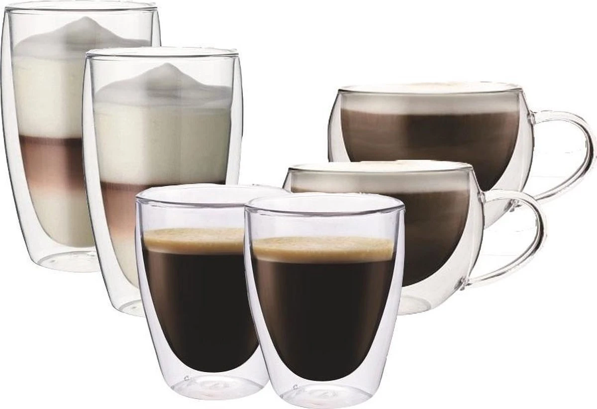 Glazenset, Koffie, Latte Macchiato & Cappuccino - Dubbelwandig - Set Van 6 - Maxxo
