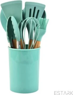 ESTARK® Keukengerei Set - Keukengerei Houder - Keukengerei Set Met Houder - 12 Delig - Antraciet Zwart - Houten Steel - Siliconen - Kerstcadeau - Pastalepel - Spatel Voor Beslag - Open Spatel - Grote Lepel - Open Lepel - Soeplepel - Keuken Spatels 12 -Merkloos Winkel 915x1200 3