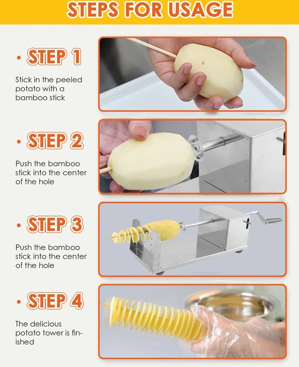 Uten - Spiraalsnijder Aardappel - Groente Slicer - Fruit Slicer - Frietsnijders - Voor Fruit, Aardappelen, Tornado Chips, Komkommers Of Wortels(RVS) 7 Uten - Spiraalsnijder Aardappel - Groente Slicer - Fruit Slicer - Frietsnijders - Voor Fruit, Aardappelen, Tornado Chips, Komkommers Of Wortels(RVS) - Afbeelding 5